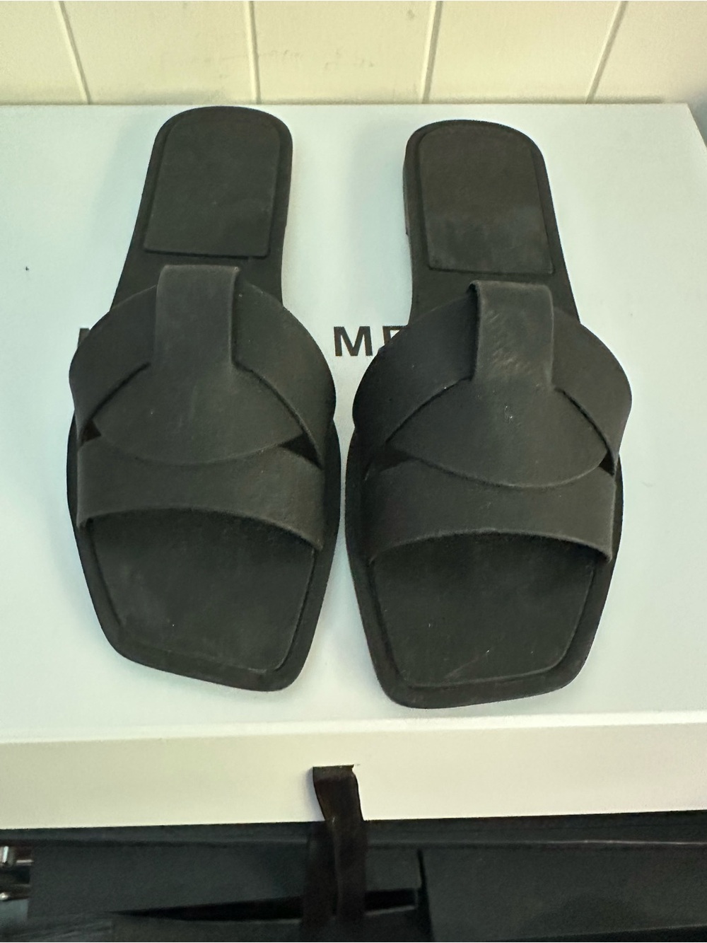 Zara Black Woven Square-Toe Slide Sandals